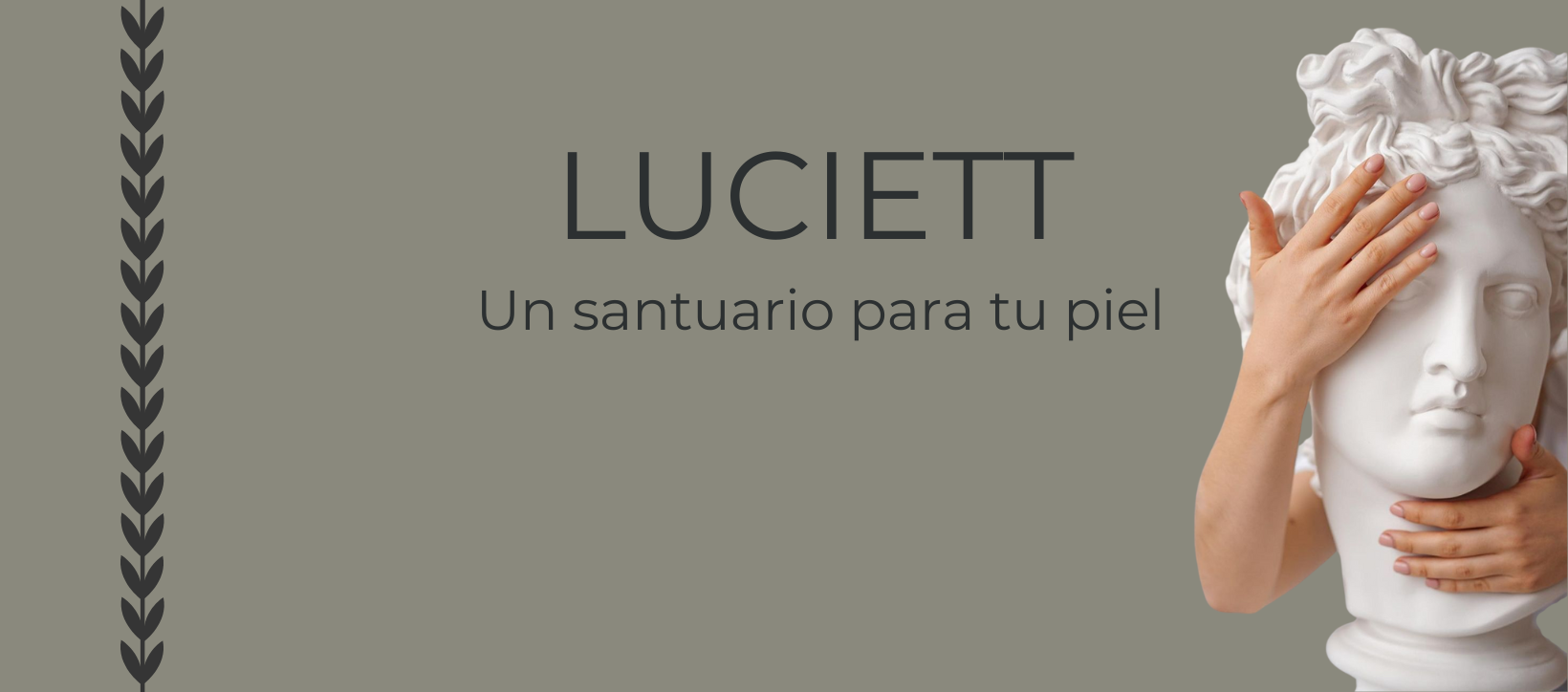 Portada de LUCIETT con estatua clásica y manos cuidando la piel